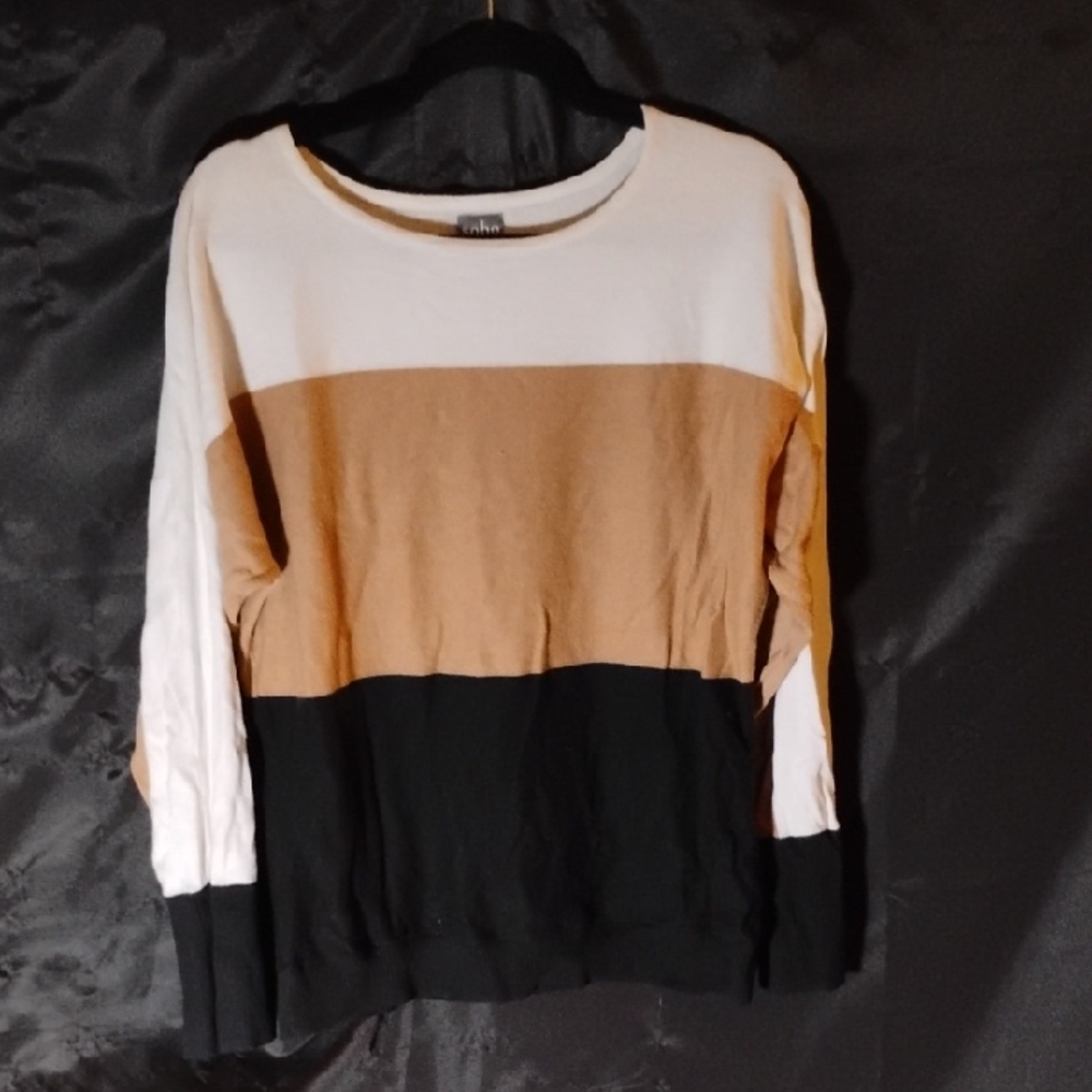 New York & Company Cream and Tan Lightweight Sleeve Sweater Sz L
